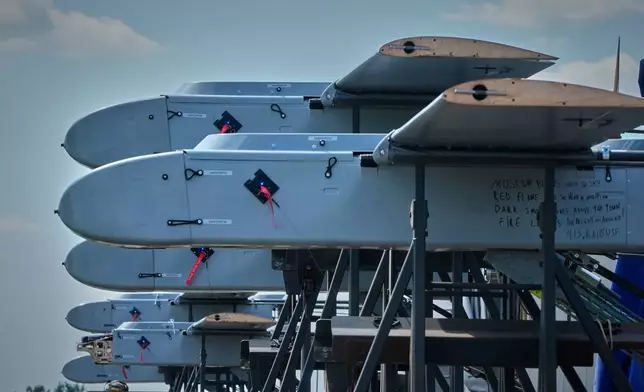 Ukrainian FP-1 long-range attack drones are seen moments before launch by the 413th Separate Regiment of Unmanned Systems "Raid" on a deep-strike drone mission to hit Russian targets deep in their territory, in an undisclosed location in Ukraine, Sunday, Aug. 16, 2026. (AP Photo/Efrem Lukatsky)