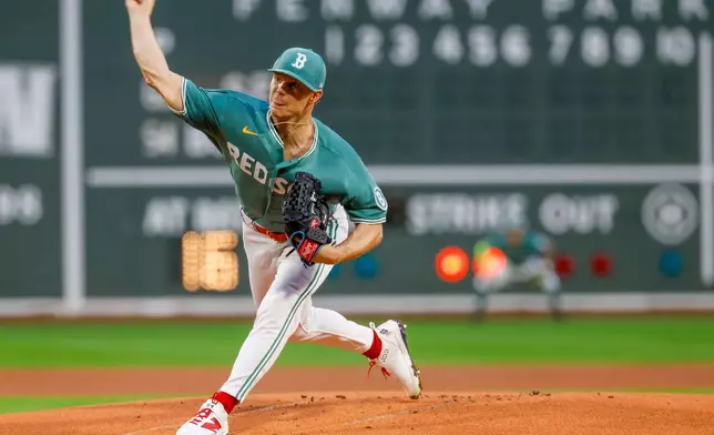 Boston Red Sox pitcher Sonny Gray delivers during the first inning of a baseball game against the San Francisco Giants, Friday, Aug. 21, 2026, in Boston. (AP Photo/Greg M. Cooper)