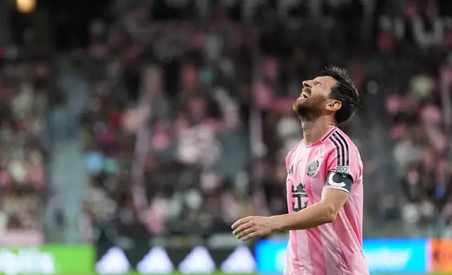 Inter Miami forward Lionel Messi reacts following an unsuccessful scoring attempt during the first half of an MLS soccer match against CF Montreal, Saturday, Aug. 29, 2026, in Miami. (AP Photo/Rebecca Blackwell)