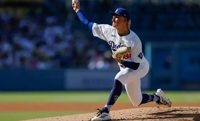 Los Angeles Dodgers starting pitcher Emmet Sheehan (80) throws during the second inning of a baseball game against the Boston Red Sox, Sunday, Aug. 2, 2026, in Los Angeles. (AP Photo/Caroline Brehman)