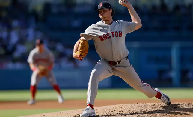 Boston Red Sox starting pitcher Jake Bennett (64) throws during the second inning of a baseball game against the Los Angeles Dodgers, Sunday, Aug. 2, 2026, in Los Angeles. (AP Photo/Caroline Brehman)