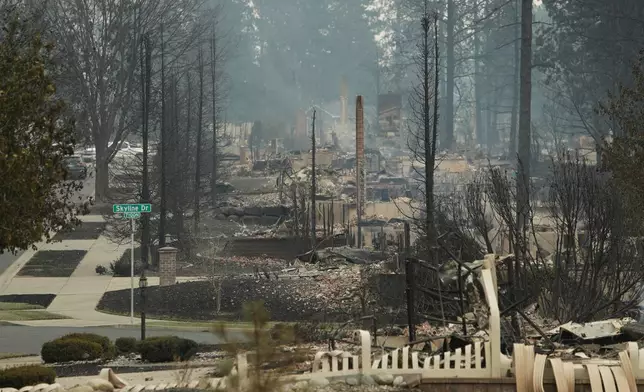 Structures along W. Tiffany Ave. are burned to the ground after a wildfire, Sunday, Aug. 2, 2026, in Spokane, Wash. (AP Photo/Young Kwak)
