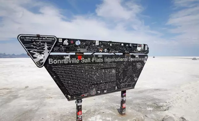 FILE - This Monday, Aug. 15, 2016, photo, shows the Bonneville Salt Flats International Speedway sign, near Wendover, Utah. (AP Photo/Rick Bowmer,File)