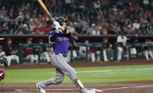 Colorado Rockies' Brett Sullivan watches the flight of his three-run home run against the Arizona Diamondbacks during the second inning of a baseball game, Wednesday, Aug. 12, 2026, in Phoenix. (AP Photo/Ross D. Franklin)