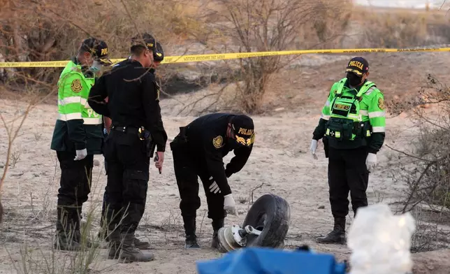 Police inspect the wreckage of a plane that crashed during a sightseeing flight carrying tourists over the Nazca Lines in Peru, Saturday, Aug. 1, 2026. (AP Photo/Genry Bautista)