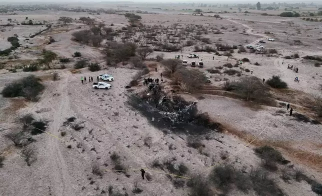 Police inspect the wreckage of a plane that crashed during a sightseeing flight carrying tourists over the Nazca Lines in Peru, Saturday, Aug. 1, 2026. (AP Photo/Genry Bautista)