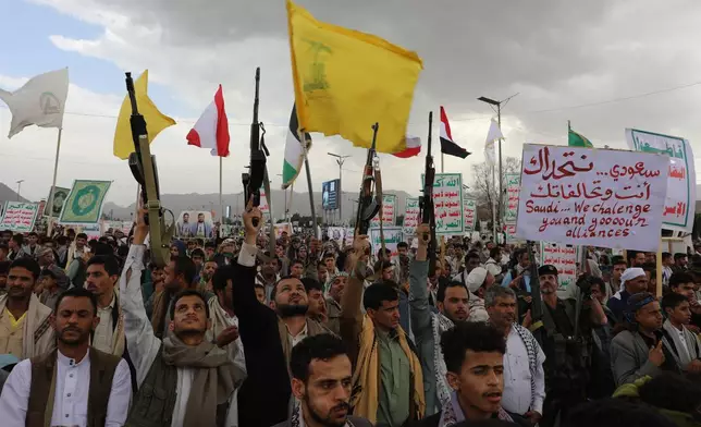 Houthi supporters attend a rally against the Saudi-led coalition in Sanaa, Yemen, Friday, July 31, 2026. (AP Photo/Osamah Abdulrahman)