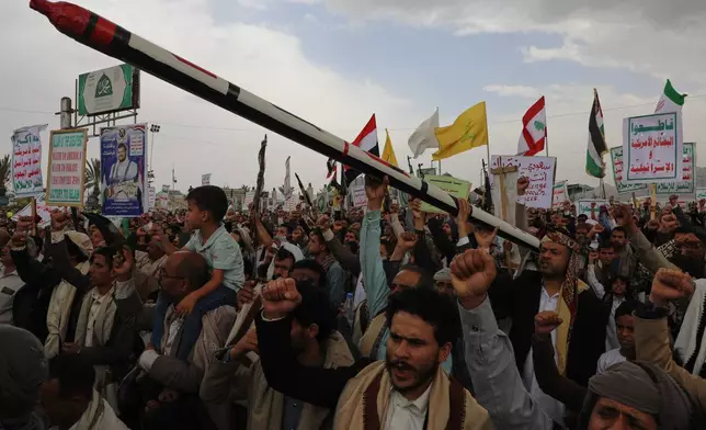 Houthi supporters chant slogans during a rally against the Saudi-led coalition in Sanaa, Yemen, Friday, July 31, 2026. (AP Photo/Osamah Abdulrahman)