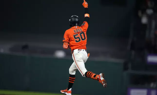 San Francisco Giants' Christian Koss gestures as he rounds the bases after hitting a two-run home run against the Arizona Diamondbacks during the fourth inning of a baseball game in San Francisco, Friday, Aug. 28, 2026. (AP Photo/Tony Avelar)