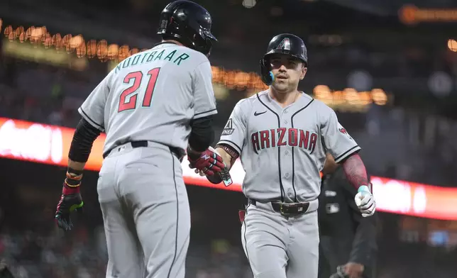 Arizona Diamondbacks' Corbin Carroll, right, is congratulated by teammate Lars Nootbaar (21) after hitting a two-run home run against the San Francisco Giants during the third inning of a baseball game in San Francisco, Friday, Aug. 28, 2026. (AP Photo/Tony Avelar)