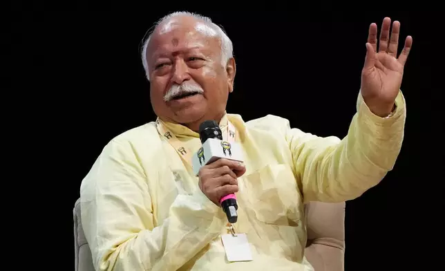 FILE - Rashtriya Swayamsevak Sangh (RSS) chief Mohan Bhagwat addresses students during an India International Movement to Unite Nations (IIMUN) event in Mumbai, India, Thursday, Aug. 6, 2026. (AP Photo/Rafiq Maqbool, File)