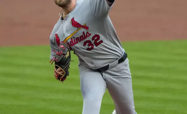St. Louis Cardinals pitcher Matthew Liberatore throws during the first inning of a baseball game against the Cincinnati Reds, Wednesday, Aug. 19, 2026, in Cincinnati. (AP Photo/Carolyn Kaster)