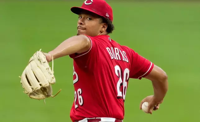 Cincinnati Reds pitcher Chase Burns throws during the first inning of a baseball game against the St. Louis Cardinals, Wednesday, Aug. 19, 2026, in Cincinnati. (AP Photo/Carolyn Kaster)