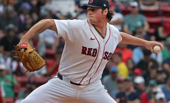 Boston Red Sox pitcher Jake Bennett throws in the first inning of a baseball game against the San Francisco Giants, Sunday, Aug. 23, 2026, in Boston. (AP Photo/Jim Davis)