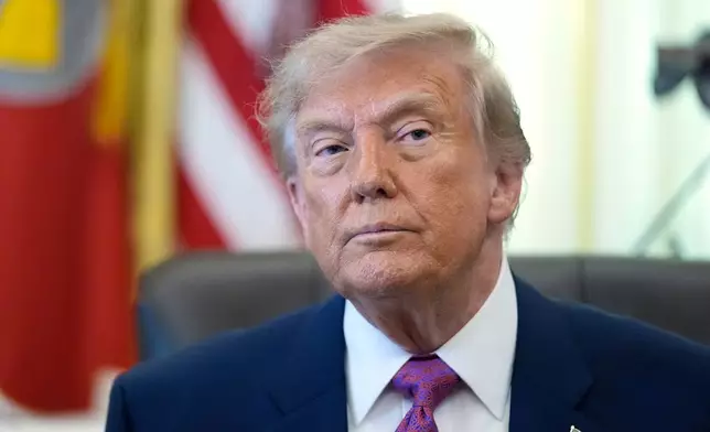 President Donald Trump listens as a reporter asks a question in the Oval Office of the White House, Thursday, Aug. 27, 2026, in Washington. (AP Photo/Manuel Balce Ceneta)