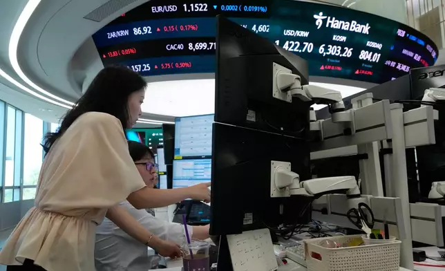 Currency traders watch monitors at the foreign exchange dealing room of the Hana Bank headquarters in Seoul, South Korea, Friday, Aug. 7, 2026. (AP Photo/Ahn Young-joon)