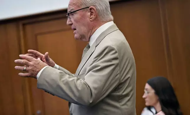 Defense attorney Kevin Reddington cross examines Dr. Jennifer Tufts who treated Lindsay Clancy during Clancy's murder trial at Plymouth Superior Court in Plymouth, Mass., Monday, Aug. 10, 2026. (Greg Derr/The Patriot Ledger via AP, Pool)