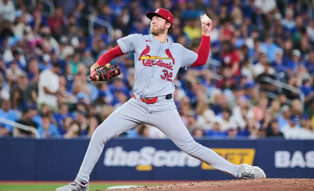 St. Louis Cardinals' Matthew Liberatore works against the Toronto Blue Jays during the fourth inning of a baseball game in Toronto, Sunday, Aug. 2, 2026. (Sammy Kogan/The Canadian Press via AP)