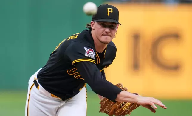 Pittsburgh Pirates pitcher Bubba Chandler delivers during the first inning of a baseball game against the New York Mets in Pittsburgh, Saturday, Aug. 8, 2026. (AP Photo/Gene J. Puskar)