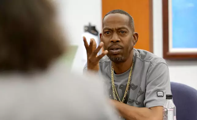 Denvonta Lee responds to a question from Michael Sanft, attorney for Duane Davis, during Davis' murder trial, related to the 1996 killing of rapper Tupac Shakur, in the Clark County District Court at the Regional Justice Center in Las Vegas, Thursday, Aug. 20, 2026. (Steve Marcus/Pool Photo via AP)