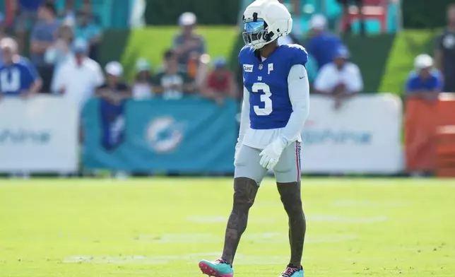 New York Giants wide receiver Odell Beckham Jr. (3) does drills during a joint NFL football practice with the Miami Dolphins, Thursday, Aug. 20, 2026, in Miami Gardens, Fla. (AP Photo/Lynne Sladky)