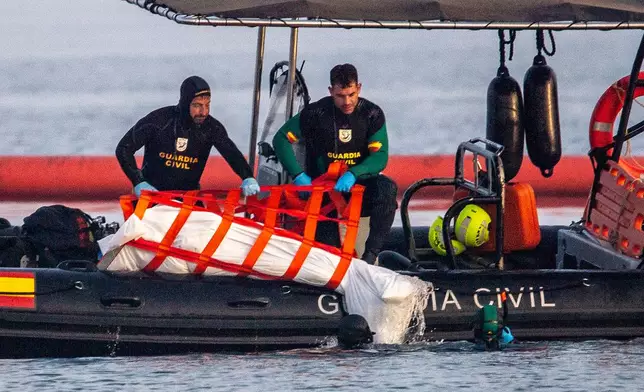 Guardia Civil officers recover the body of a migrant from the water in the Spanish enclave of Ceuta, Saturday, Aug. 1, 2026. (AP Photo/Antonio Sempere)