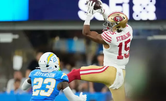 San Francisco 49ers wide receiver De'Zhaun Stribling (15) catches a pass against Los Angeles Chargers defensive back Tony Jefferson (23) during the first half of a preseason NFL football game, Thursday, Aug. 20, 2026, in Inglewood, Calif. (AP Photo/Mark J. Terrill)