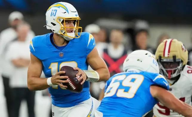 Los Angeles Chargers quarterback Justin Herbert (10) drops back to pass during the first half of a preseason NFL football game against the San Francisco 49ers, Thursday, Aug. 20, 2026, in Inglewood, Calif. (AP Photo/Mark J. Terrill)