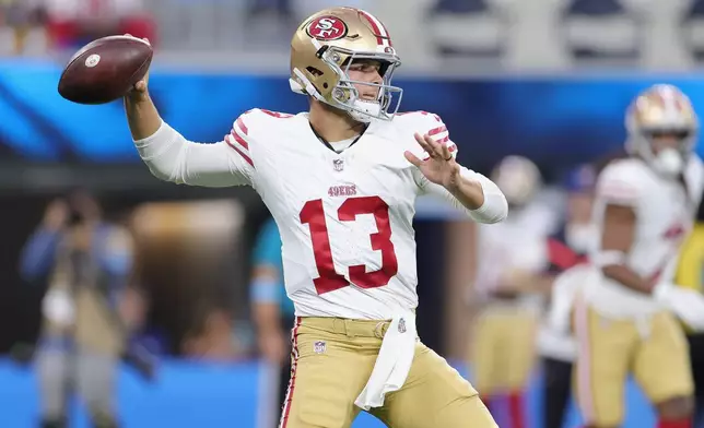 San Francisco 49ers quarterback Brock Purdy (13) passes against the Los Angeles Chargers during the first half of a preseason NFL football game, Thursday, Aug. 20, 2026, in Inglewood, Calif. (AP Photo/Ryan Sun)