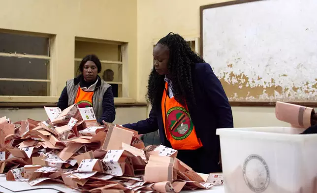 Election workers count ballots at a polling station in Lusaka, South Africa, Thursday, Aug. 13, 2026. (AP Photo/Alfonso Nqunjana)