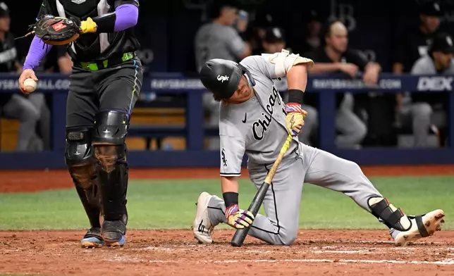Chicago White Sox Chase Meidroth strikes out during the seventh inning of a baseball game against the Tampa Bay Rays Saturday, Aug. 1, 2026, in St. Petersburg, Fla. (AP Photo/Jason Behnken)