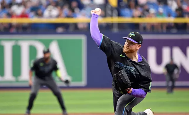 Tampa Bay Rays pitcher Drew Rasmussen throws during the second inning of a baseball game against the Chicago White Sox, Saturday, Aug. 1, 2026, in St. Petersburg, Fla. (AP Photo/Jason Behnken)