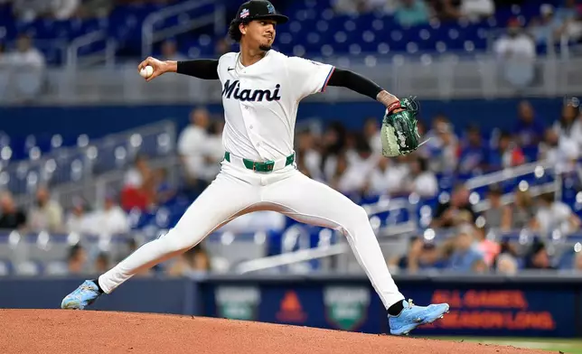 Miami Marlins pitcher Eury Pérez throws the ball during the first inning of a baseball game against the Washington Nationals, Saturday, August 22, 2026, in Miami. (AP Photo/Michael Laughlin)