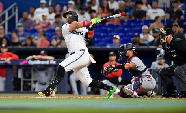 Miami Marlins' Heriberto Hernández hits a home run during the second inning of a baseball game against the Washington Nationals, Saturday, Aug. 22, 2026, in Miami. (AP Photo/Michael Laughlin)
