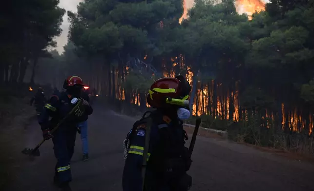 Firefighters operate near a burning forest during a wildfire near Porto Germeno, northwest of Athens, Greece, Saturday, Aug. 1, 2026. (AP Photo/Michael Varaklas)
