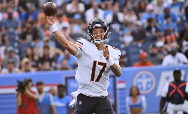 Chicago Bears quarterback Tyson Bagent attempts a pass against the Tennessee Titans during the first half of a preseason NFL football game, Saturday, Aug. 29, 2026, in Nashville, Tenn. (AP Photo/John Amis)