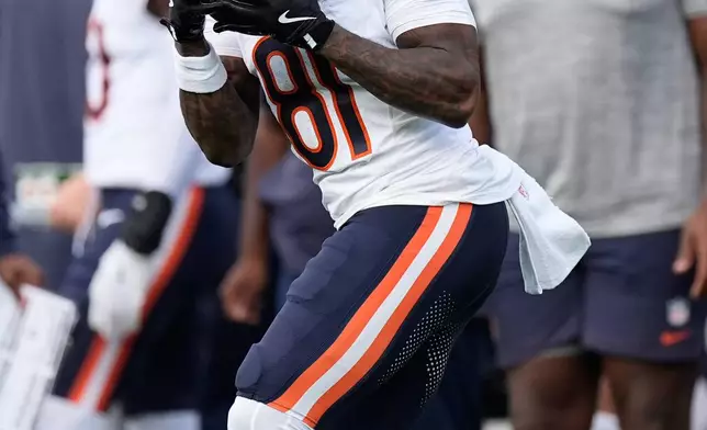 Chicago Bears wide receiver Zavion Thomas catches a touchdown pass against the Tennessee Titans during the first half of a preseason NFL football game, Saturday, Aug. 29, 2026, in Nashville, Tenn. (AP Photo/George Walker IV)