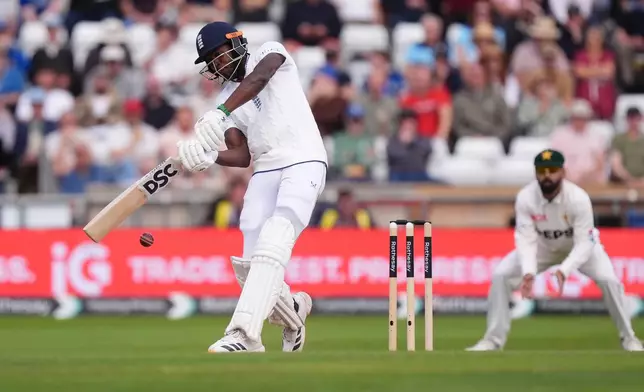 England's Jofra Archer bats on day three of the first Test match between England and Pakistan in Leeds, England, Friday Aug. 21, 2026. (Mike Egerton/PA via AP)