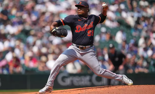 Detroit Tigers starting pitcher Framber Valdez throws against the Seattle Mariners during the second inning of a baseball game, Thursday, Aug. 6, 2026, in Seattle. (AP Photo/Lindsey Wasson)