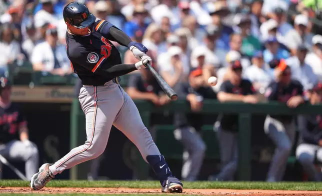 Detroit Tigers' Dillon Dingler hits an RBI single to score Kevin McGonigle against the Seattle Mariners during the second inning of a baseball game, Thursday, Aug. 6, 2026, in Seattle. (AP Photo/Lindsey Wasson)