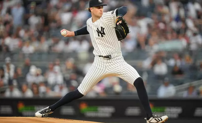 New York Yankees pitcher Cam Schlittler throws during the first inning of a baseball game against the Boston Red Sox, Friday, Aug. 28, 2026, in New York. (AP Photo/Yuki Iwamura)