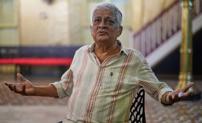 Elias Josephai, a Malabari Jew, speaks to The Associated Press at the 12th-century Kadavumbagam Synagogue in Ernakulam, mainland district of Kochi, India, Thursday, May 21, 2026. (AP Photo/Aijaz Rahi)
