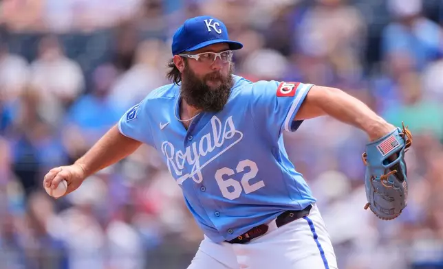 Kansas City Royals starting pitcher Randy Dobnak throws during the first inning of a baseball game against the Kansas City Royals, Sunday, Aug. 9, 2026, in Kansas City, Mo. (AP Photo/Charlie Riedel)