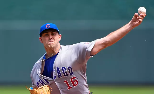 Chicago Cubs starting pitcher Matthew Boyd throws during the first inning of a baseball game against the Kansas City Royals, Sunday, Aug. 9, 2026, in Kansas City, Mo. (AP Photo/Charlie Riedel)