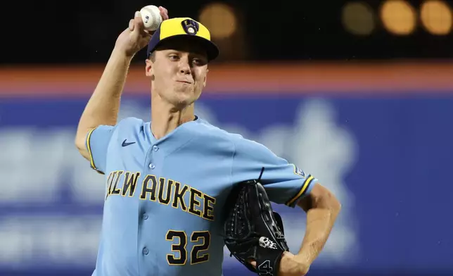 Milwaukee Brewers pitcher Jacob Misiorowski delivers a pitch during the second inning of a baseball game against the New York Mets Thursday, Aug. 27, 2026, in New York. (AP Photo/Adam Hunger)