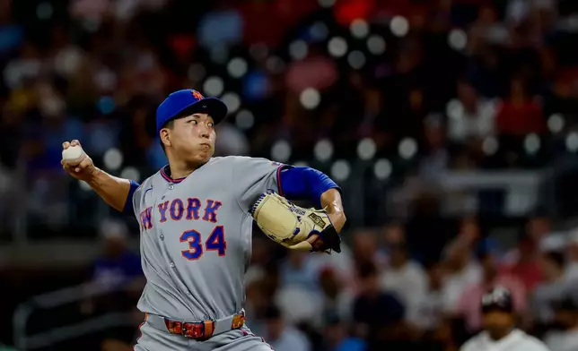 New York Mets pitcher Kodai Senga (34) delivers to an Atlanta Braves batter during the ninth inning of a baseball game, Monday, Aug. 10, 2026, in Atlanta. (AP Photo/Erik S. Lesser)