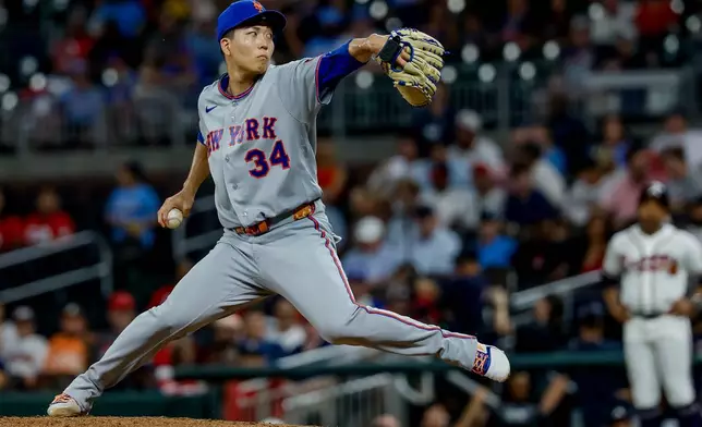 New York Mets pitcher Kodai Senga (34) delivers to an Atlanta Braves batter during the ninth inning of a baseball game, Monday, Aug. 10, 2026, in Atlanta. (AP Photo/Erik S. Lesser)