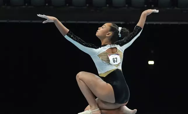 Hezly Rivera competes in the women's balance beam during the U.S. Gymnastics Championships, Sunday, Aug. 9, 2026, in Phoenix. (AP Photo/Ross D. Franklin)