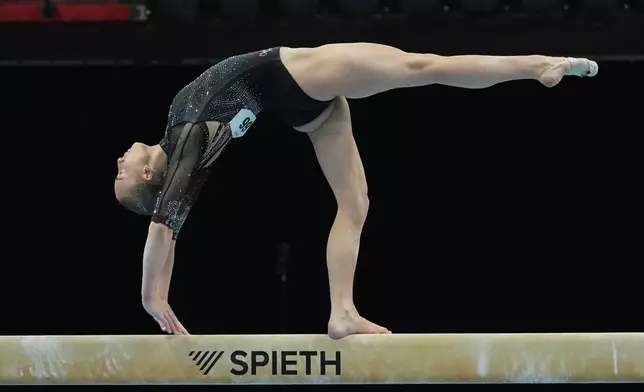 Claire Pease competes in the women's balance beam during the U.S. Gymnastics Championships, Sunday, Aug. 9, 2026, in Phoenix. (AP Photo/Ross D. Franklin)