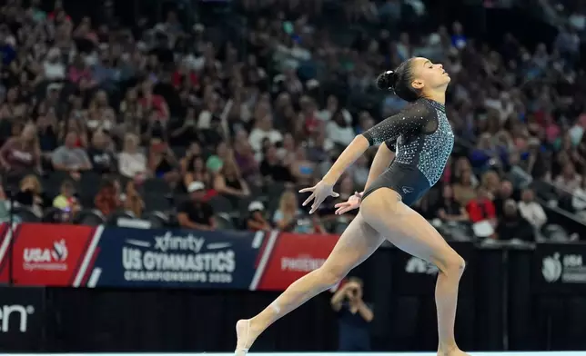 Charleigh Bullock competes in the women's floor exercise during the U.S. Gymnastics Championships, Sunday, Aug. 9, 2026, in Phoenix. (AP Photo/Ross D. Franklin)